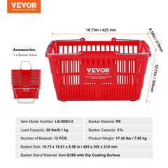 Shopping Basket, Set of 12, 21L Durable Plastic Grocery Basket with Metal Handle and Stand, 425 x 305 x 218 mm Portable Shop Basket Bulk Used for Retail Store Supermarket Grocery Shopping, Red