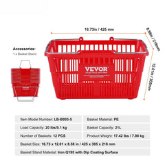 Shopping Basket, Set of 12, 21L Durable Plastic Grocery Basket with Metal Handle and Stand, 425 x 305 x 218 mm Portable Shop Basket Bulk Used for Retail Store Supermarket Grocery Shopping, Red