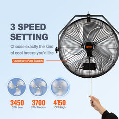 Industrial Wall Mount Fan Waterproof Metal Fan 17.6'' 3 Speed Airflow