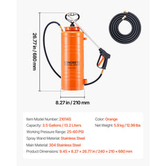 Industrial Concrete Sprayer, 14L Stainless Steel Sprayer, Heavy Duty Tri-Poxy Pump Sprayers, 52cm Wand with Ergonomic Gun Handle, 1.2m & 3m Hoses, 2 Brass Nozzles for Construction, Garden