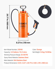 Industrial Concrete Sprayer, 14L Stainless Steel Sprayer, Heavy Duty Tri-Poxy Pump Sprayers, 52cm Wand with Ergonomic Gun Handle, 1.2m & 3m Hoses, 2 Brass Nozzles for Construction, Garden