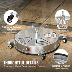 18" Pressure Washer Surface Cleaner w/ Wheels, Stainless Steel Concrete Cleaner 4000 Max PSI , 1/4" Quick-Connect Connector w/ 2 Extension Wand, Heavy Duty Power Washer For Floor Driveway, Patio
