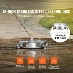 18" Pressure Washer Surface Cleaner w/ Wheels, Stainless Steel Concrete Cleaner 4000 Max PSI , 1/4" Quick-Connect Connector w/ 2 Extension Wand, Heavy Duty Power Washer For Floor Driveway, Patio