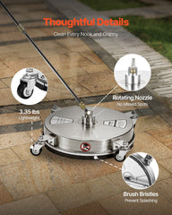 16.5" Pressure Washer Surface Cleaner, Stainless Steel Pressure Washer Attachments with 4 Wheels, 4000 Max PSI, 1/4 Quick Connector, 2 Spray Nozzles, 2 Extended Wands for Concrete, Patio, Deck