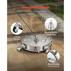 16.5" Pressure Washer Surface Cleaner, Stainless Steel Pressure Washer Attachments with 4 Wheels, 4000 Max PSI, 1/4 Quick Connector, 2 Spray Nozzles, 2 Extended Wands for Concrete, Patio, Deck