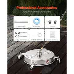 16.5" Pressure Washer Surface Cleaner, Stainless Steel Pressure Washer Attachments with 4 Wheels, 4000 Max PSI, 1/4 Quick Connector, 2 Spray Nozzles, 2 Extended Wands for Concrete, Patio, Deck