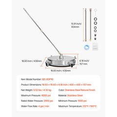 16.5" Pressure Washer Surface Cleaner, Stainless Steel Pressure Washer Attachments with 4 Wheels, 4000 Max PSI, 1/4 Quick Connector, 2 Spray Nozzles, 2 Extended Wands for Concrete, Patio, Deck
