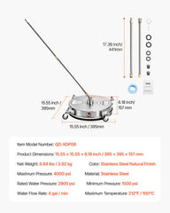 15" Pressure Washer Surface Cleaner 4 Wheels 4000 Max PSI 2 Extended Wands