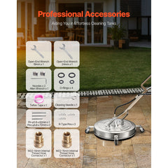 24" Pressure Washer Surface Cleaner, Stainless Steel Pressure Washer Attachments with 4 Wheels, 4000 Max PSI, 3/8 Quick Connector, 2 Spray Nozzles, Dual Handle, for Concrete, Patio, Sidewalk
