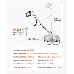 24" Pressure Washer Surface Cleaner, Stainless Steel Pressure Washer Attachments with 4 Wheels, 4000 Max PSI, 3/8 Quick Connector, 2 Spray Nozzles, Dual Handle, for Concrete, Patio, Sidewalk
