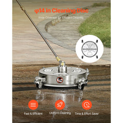 14" Pressure Washer Surface Cleaner, Stainless Steel Pressure Washer Attachments with 4 Wheels, 4000 Max PSI, 1/4 Quick Connector, 2 Spray Nozzles, 2 Extended Wands for Concrete, Patio, Deck