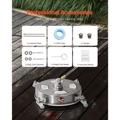 14" Pressure Washer Surface Cleaner, Stainless Steel Pressure Washer Attachments with 4 Wheels, 4000 Max PSI, 1/4 Quick Connector, 2 Spray Nozzles, 2 Extended Wands for Concrete, Patio, Deck