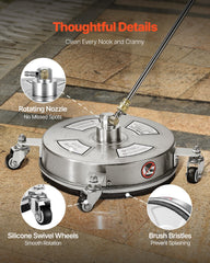 14" Pressure Washer Surface Cleaner, Stainless Steel Pressure Washer Attachments with 4 Wheels, 4000 Max PSI, 1/4 Quick Connector, 2 Spray Nozzles, 2 Extended Wands for Concrete, Patio, Deck