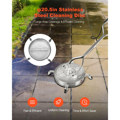 20" Pressure Washer Surface Cleaner, Stainless Steel Pressure Washer Attachments with 4 Wheels, 4500 Max PSI, 3/8 Quick Connector, 2 Spray Nozzles, Dual Handle, for Concrete, Patio, Sidewalk