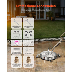 20" Pressure Washer Surface Cleaner, Stainless Steel Pressure Washer Attachments with 4 Wheels, 4500 Max PSI, 3/8 Quick Connector, 2 Spray Nozzles, Dual Handle, for Concrete, Patio, Sidewalk