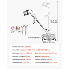 20" Pressure Washer Surface Cleaner, Stainless Steel Pressure Washer Attachments with 4 Wheels, 4500 Max PSI, 3/8 Quick Connector, 2 Spray Nozzles, Dual Handle, for Concrete, Patio, Sidewalk