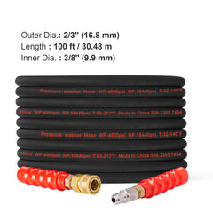 Pressure Washer Hose, 100FT, Kink Free 3/8"-φ14.8 Male, 3/8"-φ15 Female For Most Brand Pressure Washers, 4.9'' Bending Radius, 4800 PSI Heavy Duty Power Washer Extension Replacement Hose