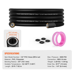 Pressure Washer Hose, 25 FT, 1/4" Kink Free M22-14mm Brass Thread Replacement For Most Brand Pressure Washers, 3/4'' Bending Radius, 3600 PSI Heavy Duty Power Washer Extension Replacement Hose