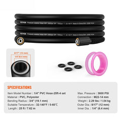 Pressure Washer Hose, 25 FT, 1/4" Kink Free M22-14mm Brass Thread Replacement For Most Brand Pressure Washers, 3/4'' Bending Radius, 3600 PSI Heavy Duty Power Washer Extension Replacement Hose