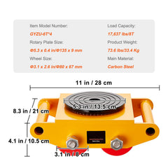 4PCS Machinery Skate Dolly, 17637LBS/8T Industrial Machinery Mover, Heavy Duty Carbon Steel Machinery Moving Skate with 4 PU Wheels and 360° Rotation Non-Slip Cap for Warehouse Workshop Factory