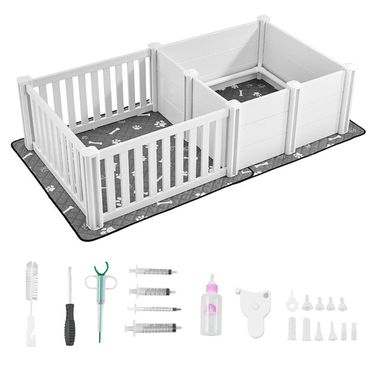 Dog Whelping Box, 1.86x0.97x0.5 m, Plastic Dog Whelping Pen with Adjustable Height Door, Puppy Playpen with Waterproof Pee Pad, Easy to Clean, Durable Indoor Pet Birth Kit for Medium Sized Dogs