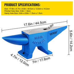 Single Horn Steel Anvil 44 lb with Round and Square Holes for Blacksmithing