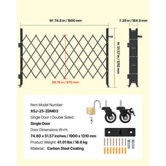 Single Folding Security Gate, Lockable Scissor Gate with 360 degree Swivel Casters, Outdoor Barricade Steel Retractable Gates, for Entry Security, Garage, Warehouse & Pool, 1900 x 1310 mm (W x H)