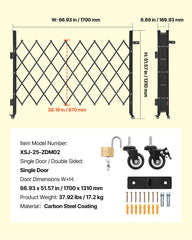 Single Folding Security Gate, Lockable Scissor Gate with 360 degree Swivel Casters, Outdoor Barricade Steel Retractable Gates, for Entry Security, Garage, Warehouse & Pool, 1700 x 1310 mm (W x H)