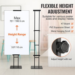 Poster Stand, Adjustable Height Up to 75", Double-Sided Heavy Duty Pedestal Sign Holder, Floor Standing Sign Holder Banner Stand with Shock-absorbing Base for Display, for Board and Foam, Black