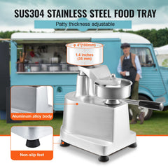 Commercial Burger Patty Maker, 100mm Hamburger Beef Patty Maker, Heavy Duty Food-Grade Stainless Steel Bowl Burger Press Machine, Kitchen Meat Forming Processor with 1000 Pcs Patty Papers