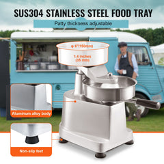 Commercial Burger Patty Maker, 150mm Hamburger Beef Patty Maker, Heavy Duty Food-Grade Stainless Steel Bowl Burger Press Machine, Kitchen Meat Forming Processor with 1000 Pcs Patty Papers