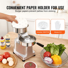 Commercial Burger Patty Maker, 150mm Hamburger Beef Patty Maker, Heavy Duty Food-Grade Stainless Steel Bowl Burger Press Machine, Kitchen Meat Forming Processor with 1000 Pcs Patty Papers