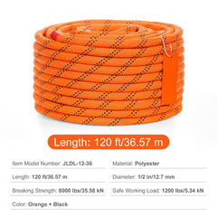 Double Braided Polyester Rope, 12.7 mm x 36.57 m, 48 Strands, 35.58kN Breaking Strength Outdoor Climbing Rope, Arborist Rigging Rope for Rock Hiking Camping Swing Rappelling Rescue, Orange/Black