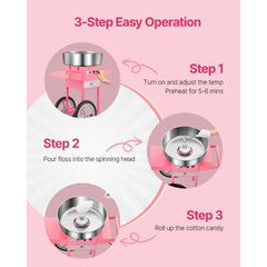 Electric Cotton Candy Machine with Cart, 1000W Commercial Candy Floss Maker with 52cm in Stainless Steel Bowl, Sugar Scoop, and Drawer, Easy to Use, for Home, Kids Birthday, Family Party, Pink