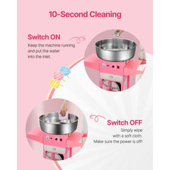 Electric Cotton Candy Machine with Cart, 1000W Commercial Candy Floss Maker with 52cm in Stainless Steel Bowl, Sugar Scoop, and Drawer, Easy to Use, for Home, Kids Birthday, Family Party, Pink
