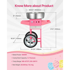Electric Cotton Candy Machine with Cart, 1000W Commercial Candy Floss Maker with 52cm in Stainless Steel Bowl, Sugar Scoop, and Drawer, Easy to Use, for Home, Kids Birthday, Family Party, Pink