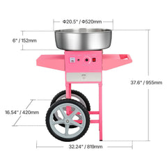 Electric Cotton Candy Machine with Cart, 1000W Commercial Candy Floss Maker with 52cm in Stainless Steel Bowl, Sugar Scoop, and Drawer, Easy to Use, for Home, Kids Birthday, Family Party, Pink