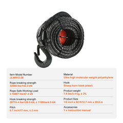 Synthetic Winch Rope, 12.7 mm x 28 m, 142.3 kN, Synthetic Winch Line Cable Rope with Protective Sleeve + Forged Winch Hook + Pull Strap, Universal Fit for SUV, Large Off-Road Vehicle, Truck