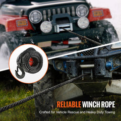 Synthetic Winch Rope, 9.5 mm x 30.5 m, 117.9 kN, Synthetic Winch Line Cable Rope with Protective Sleeve + Forged Winch Hook + Pull Strap, Universal Fit for SUV, Large Off-Road Vehicle, Truck