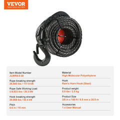 Synthetic Winch Rope, 9.5 mm x 30.5 m, 117.9 kN, Synthetic Winch Line Cable Rope with Protective Sleeve + Forged Winch Hook + Pull Strap, Universal Fit for SUV, Large Off-Road Vehicle, Truck