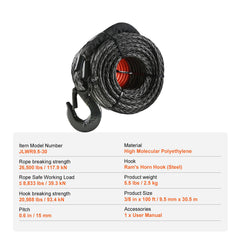 Synthetic Winch Rope, 9.5 mm x 30.5 m, 117.9 kN, Synthetic Winch Line Cable Rope with Protective Sleeve + Forged Winch Hook + Pull Strap, Universal Fit for SUV, Large Off-Road Vehicle, Truck