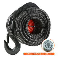 Synthetic Winch Rope, 9.5 mm x 30.5 m, 117.9 kN, Synthetic Winch Line Cable Rope with Protective Sleeve + Forged Winch Hook + Pull Strap, Universal Fit for SUV, Large Off-Road Vehicle, Truck