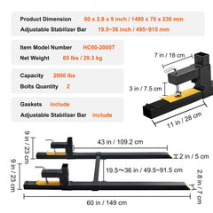 Pallet Forks, 907 kg Tractor Bucket Forks, 1490 mm Total Length Clamp on Pallet Forks with Adjustable Stabilizer bar, Heavy Duty Pallet Forks for Tractor Attachments, Skid Steer, Loader Bucket
