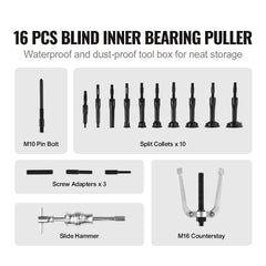 Blind Hole Collet Bearing Race and Seal Puller Extractor Kit, Slide Hammer Pilot Insert Inner Internal Bearing Removal Tool Set, 10 Adjustable Collects and Counterstay, 16 PCS