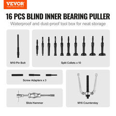 Blind Hole Collet Bearing Race and Seal Puller Extractor Kit, Slide Hammer Pilot Insert Inner Internal Bearing Removal Tool Set, 10 Adjustable Collects and Counterstay, 16 PCS