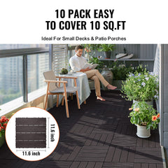 Interlocking Deck Tiles, 10 Pack,12"x12" 10 sq. ft Plastic Waterproof Outdoor Flooring All Weather Use, Patio Floor Decking Covering Tiles for Porch Poolside Balcony Backyard, Dark Brown