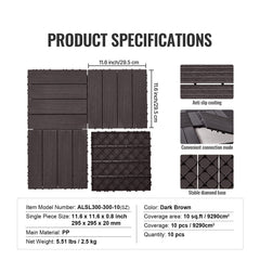 Interlocking Deck Tiles, 10 Pack,12"x12" 10 sq. ft Plastic Waterproof Outdoor Flooring All Weather Use, Patio Floor Decking Covering Tiles for Porch Poolside Balcony Backyard, Dark Brown