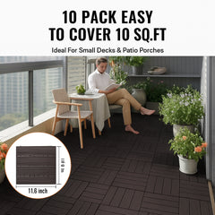 Interlocking Deck Tiles, 10 Pack,12"x12" 10 sq. ft Plastic Waterproof Outdoor Flooring All Weather Use, Patio Floor Decking Covering Tiles for Porch Poolside Balcony Backyard, Dark Brown