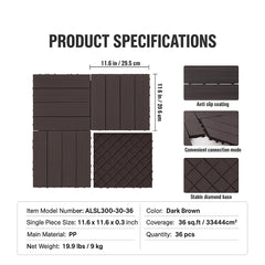 Interlocking Deck Tiles, 36 Pack,11.6"x11.6" 36 sq. ft Plastic Waterproof Outdoor Flooring All Weather Use, Patio Floor Decking Covering Tiles for Porch Poolside Balcony Backyard, Dark Brown