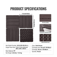Interlocking Deck Tiles 54 Pack 12"x12" Waterproof for Porch Dark Brown